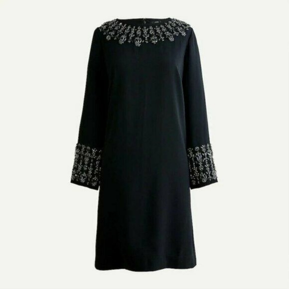 NWT Sz 8 J. Crew Black Embellished long-sleeve shift dress Albie AT599 - Picture 2 of 3